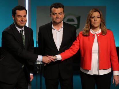 Juan Manuel Moreno, Antonio Ma&iacute;llo y Susana D&iacute;az, antes del debate.