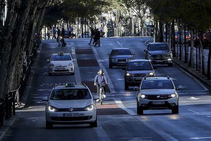 Un ciclista pasa por el carril bici de los bulevares.