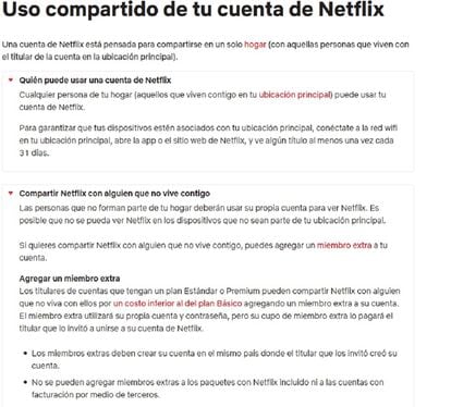 Captura de las condiciones de uso compartido de Netflix en Chile.