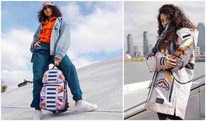 Dos modelos con artículos de la colección 'Misión a Marte', diseñada por Buzz Aldrin con la firma Sprayground.