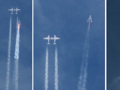 Secuencia de la nave Space Ship Two en el momento en el que se separa del avión nodriza, empieza a volar y estalla.