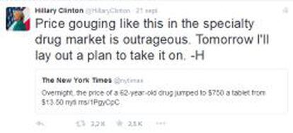 Tweet de Hillary Clinton el lunes