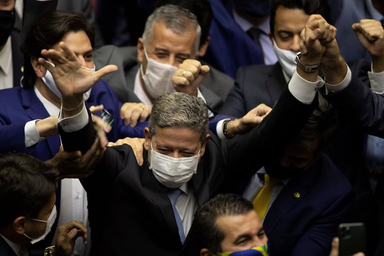 The deputy Arthur Lira celebrates his victory in the election of the president of the Chamber of Deputies, on February 1, 2021 in Brasilia.