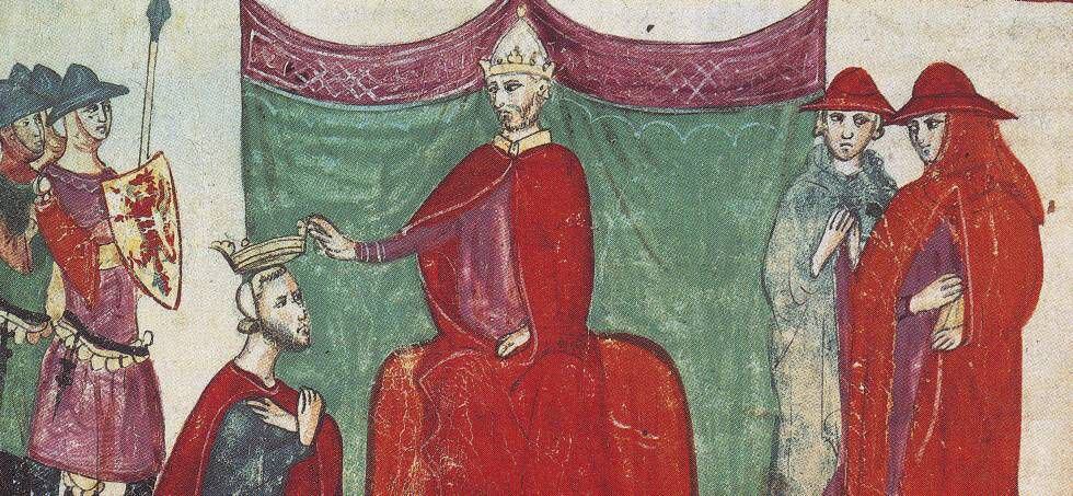 El papa Nicolás II nombra duque a Roberto de Hauteville en 1059, en una ilustración de la 'Nuova cronica', de Giovanni Villani.