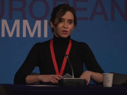 Isabel Díaz Ayuso habla de Atocha en Marsella, donde asiste a la IX Cumbre Europea de Regiones y Ciudades.