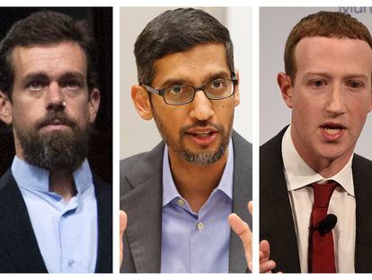 Desde la izquierda, Jack Dorsey cofundador de Twitter; Sundar Pichai, director ejecutivo de Google y Mark Zuckerberg, CEO de Facebook.