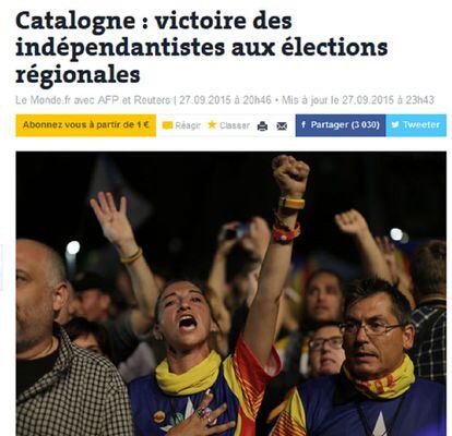 El diari progressista francès destaca en el seu web les eleccions catalanes d'aquest diumenge i titula: "Catalunya: victòria dels independentistes a les eleccions regionals".