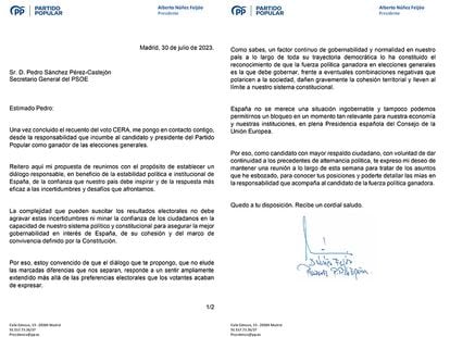 Carta de Alberto Núñez Feijóo a Pedro Sánchez.