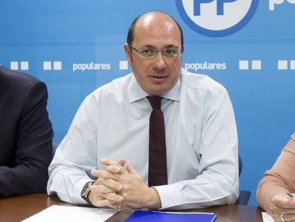 El presidente de Murcia, Pedro Antonio S&aacute;nchez, este lunes en la sede del PP en Murcia. 