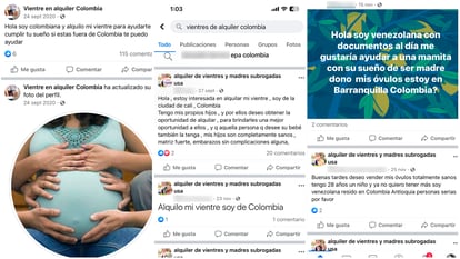 Distintas ofertas de vientres de alquiler en grupos de Facebook de Colombia.