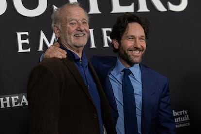 Bill Murray y Paul Rudd, en el estreno en Nueva York el 14 de marzo de 'Cazafantasmas: imperio helado'.