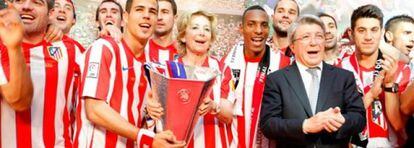 La entonces presidenta de la Comunidad, Esperanza Aguirre, recibe a la plantilla, cuerpo técnico y directiva del Atlético de Madrid tras ganar la Europa League de fútbol 2011/2012 en mayo de 2012