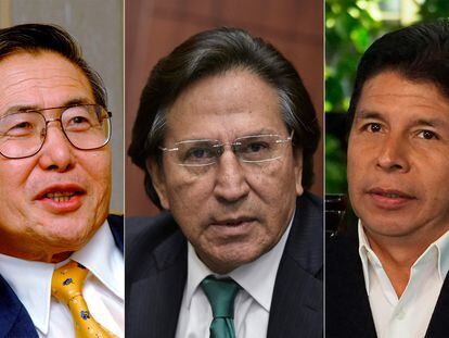 Los expresidentes del Perú, Alberto Fujimori, Alejandro Toledo y Pedro Castillo.