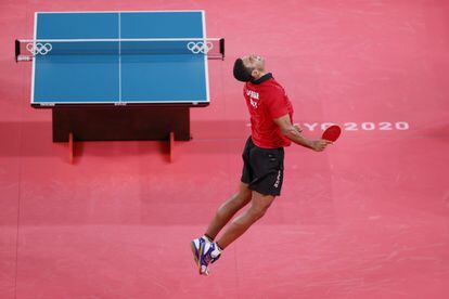 *** BESTPIX *** TOKYO, JAPAN - JULY 27: Omar Assar of Team Egypt celebrates winning his Men's Singles Round of 16 match on day four of the Tokyo 2020 Olympic Games at Tokyo Metropolitan Gymnasium on July 27, 2021 in Tokyo, Japan. (Photo by /Getty Images)
