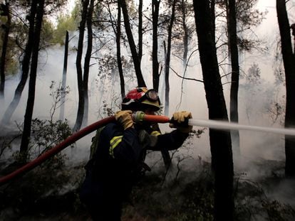 Un bombero lucha contra el fuego en la zona de Kryoneri, al norte de Atenas, el jueves.