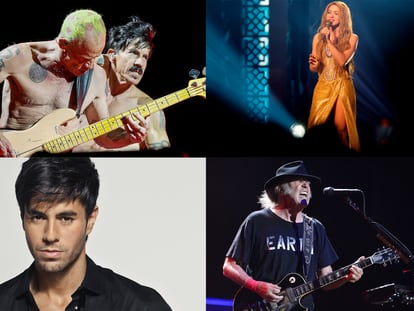De izquierda a derecha y de arriba a abajo: Red Hot Chili Peppers, Shakira, Enrique Iglesias y Neil Young, artistas que han vendido sus catálogos a Hipgnosis Song Fund