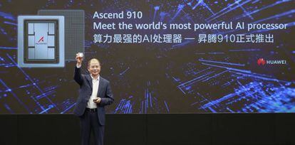 Eric Xu,vicepresidente de Huawei, durante la presentación del procesador Ascend 910 y la plataforma MindSpore el pasado 23 de agosto.