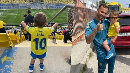 A la izquierda, Izan, el hijo de Goretti Sánchez, en el estadio de la UD Las Palmas. A la derecha, Izan junto al exfutbolista del club canario Jesé Rodríguez.