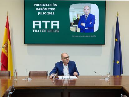 El presidente de la Federación Nacional de Asociaciones de Trabajadores Autónomos, Lorenzo Amor, durante la presentación del XVIII Barómetro de ATA, en Madrid.