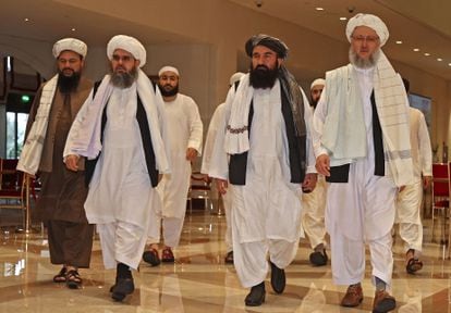 Una delegación de talibanes, en un hotel de Doha, en Qatar, el 12 de agosto.