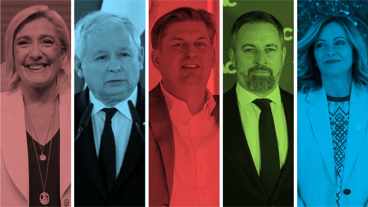 Da esquerda para a direita, Marine Le Pen (Rally Nacional), Jarosław Kaczyński (PiS), Maximilian Krah (AfD), Santiago Abascal (Vox) e Giorgia Meloni (Irmãos da Itália).