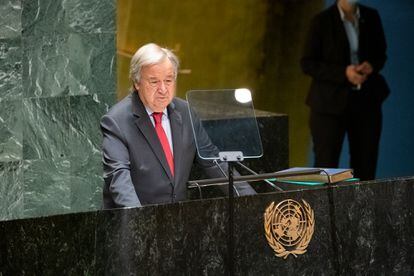 El secretario general de la ONU, António Guterres, en el pleno de la Asamblea General de la organización, el 12 de septiembre en Nueva York.