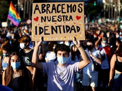 Un joven lleva una pancarta con el lema 'Abracemos nuestra identidad' durante una manifestación del Orgullo, en Valencia el pasado junio.