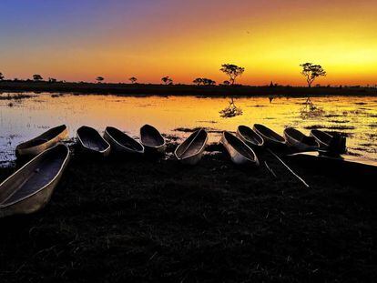 'Mokoros' en la orilla de un canal del delta del Okavango (Botsuana), al atardecer.