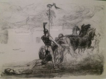 Dibujo de Aquiles arrastrando el cuerpo de Héctor en su carro, de una exposición sobre Troya en el British Museum.