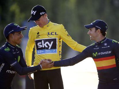 Nairo Quintana (I), Chris Froome y Alejandro Valverde, en el podio del Tour