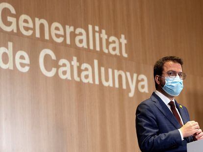 El vicepresidente de la Generalitat en funciones, Pere Aragonès, en una rueda de prensa.