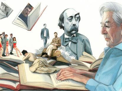 Vargas Llosa, en primer plano, y su mundo literario: los retratos de Leopoldo II y Gauguin (en sendos libros), Flaubert, Roger Casement (sentado sobre el gorro de Trujillo), Madame Bovary y Pantale&oacute;n y las visitadoras. De pie, detr&aacute;s, el escritor de joven.&ensp;