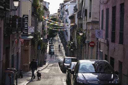 Un vecino pasea a su perro durante la cuarentena por coronavirus en una calle del céntrico barrio de Lavapiés, donde los coches aparcados ocupan buena parte de la calzada y las aceras son sensiblemente estrechas para pasear guardando la distancia de seguridad. |