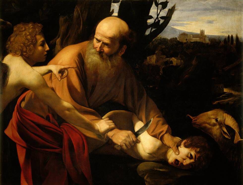 Mural inspirado en la obra del pintor italiano Caravaggio titulada 'El sacrificio de Isaac'.