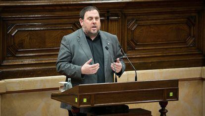 Oriol Junqueras durante su intervenci&oacute;n en el &uacute;ltimo Pleno en el Parlament.