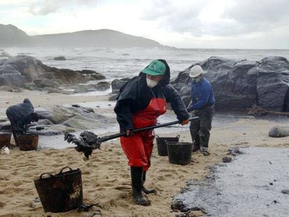 Trabajadores recogen el petróleo derramado del Prestige que cubre la playa de Muxia, en esta imagen tomada el 23 de noviembre de 2002.