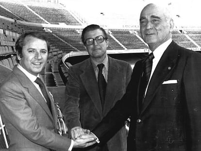 Los tres candidatos a las elecciones del Barça en 1978, Nicolau Casaus, José Luis Núñez y Ferrán Ariño.