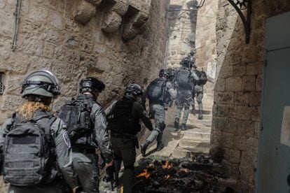 An Israeli police patrol during Monday's incidents in Jerusalem's Old City.