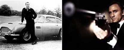 A la izquierda, Sean Connery con el Aston Martin que se utilizó en <i>Goldfinger (</i><b>1964); a la derecha, Daniel Craig, el último James Bond, en </b><i>007: Casino Royal </i><b>(2006).</b>