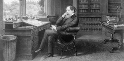 Charles Dickens en su estudio en Gads Hill Place, Inglaterra. Grabado de Samuel Hollyer, 1875.