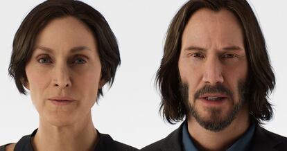 The digital recreation of Carrie-Anne Moss and Keanu Reeves in 'The Matrix Awakens'.