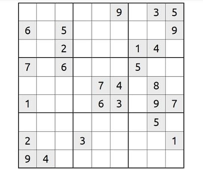 Ejemplo de Sudoku publicado por EL PAÍS.  Un Sudoku es un juego matemático cuyo objetivo es rellenar una cuadrícula de 9x9 celdas dividida en cajas de 3x3 celdas con número del 1 al 9 en cada celda de tal modo que ninguna fila tenga números repetidos, ni tampoco los tenga ninguna columna ni ninguna caja. El juego debe respetar algunos números que vienen ya dispuestos de inicio.