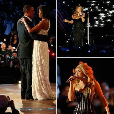 Barack y Michelle Obama bailan con una canción de Beyoncé, que aparece al fondo. A la derecha, arriba, Mariah Carey y, abajo, Shakira.