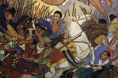 Simón Bolívar en una batalla contra los españoles en el fresco <i>La epopeya boliviana, </i>de Fernando Leal.