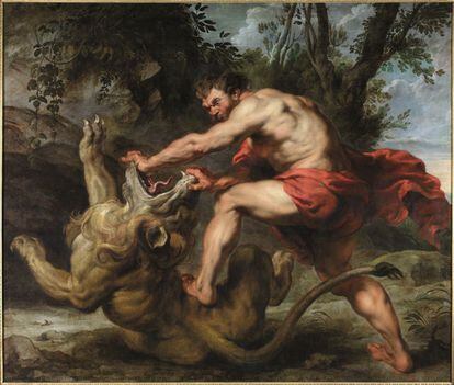'Sansón y el león', pintado por Rubens en 1616-17. El cuadro pertenece al Fondo Cultural Villa Mir y es una de las grandes obras que se exponen en el Fernán Gómez Centro Cultural de la Villa de Madrid con motivo de la exposición 'A su imagen. Arte, cultura y religión'.