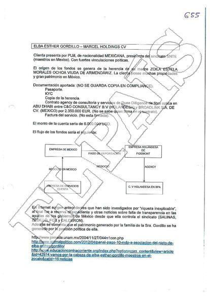 Documento confidencial del comité de prevención de blanqueo de la Banca Privada d'Andorra (BPA) que menciona a la sindicalista Elba Esther Gordillo.
