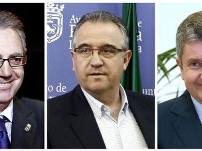 De izquierda a derecha, el expresidente del Gobierno de Navarra Miguel Sanz; al alcalde de Pamplona, Enrique Maya, y al exconsejero de Economía y Hacienda Álvaro Miranda.