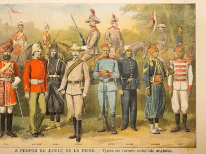 Diferentes tipos de uniforme militar del Ejército colonial británico, en un grabado de 1897.