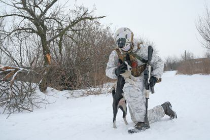 Un uniformado ucranio acaricia este martes un perro en la línea del frente que separa a las tropas de Kiev de los separatistas prorrusos cerca de Avdiivka, en la región ucrania de Donetsk.