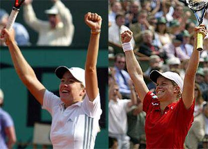 Henin, a la izquierda, y Clijsters celebran sus victorias de ayer.